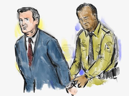 Pastel pencil pen and ink sketch illustration of an convicted defendant convict handcuffed by bailiff police officer after sentencing in courtroom or court of law drawing.