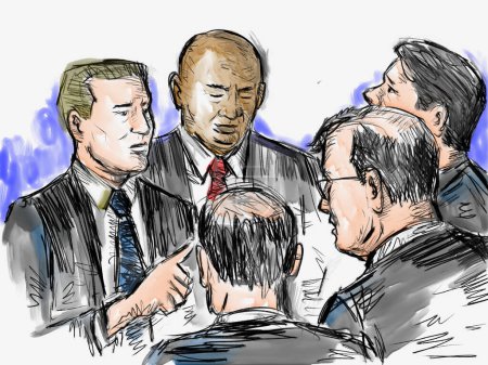 Pastel pencil pen and ink sketch illustration of a courtroom trial setting with lawyer and defendant, plaintiff or witness deliberating a court case hearing in judiciary court of law and justice.