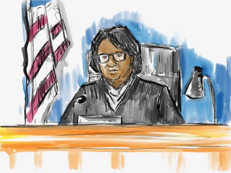 Pastellstift und Tuschezeichnung illustrieren eine Gerichtsverhandlung, die eine schwarze afroamerikanische Richterin in einem Gerichtsdrama vor Gericht und Justiz zeigt..