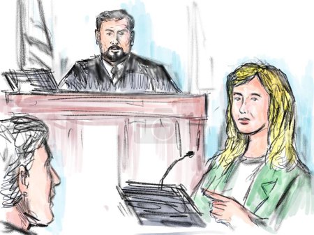 Pastellstift und Tuschezeichnung illustrieren eine Gerichtsverhandlung mit Richter und einer jungen Angeklagten, Klägerin und Zeugin, die im Zeugenstand vor Gericht und Justiz aussagt.