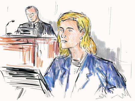 Crayon pastel et croquis à l'encre illustrant un procès en salle d'audience avec juge et une jeune défenderesse, demanderesse, témoin témoignant à la barre devant un tribunal judiciaire et judiciaire.