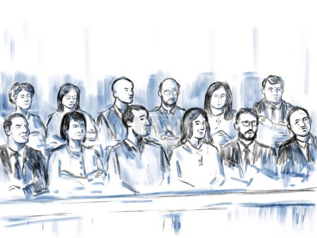 Photo for Pastel pencil pen and ink sketch illustration of a courtroom trial setting a jury of twelve 12 peers person juror on a court case drama in judiciary court of law and justice. - Royalty Free Image