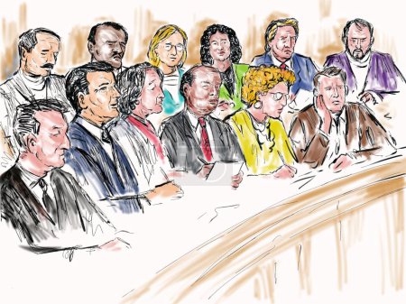 Pastellstift und Tuschezeichnung illustrieren einen Gerichtsprozess, in dem eine zwölfköpfige Jury mit zwölf gleichaltrigen Geschworenen ein Gerichtsdrama vor Gericht und Justiz aufführt..