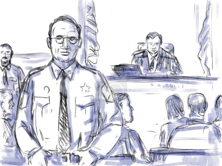 Pastellstift und Tuschezeichnung illustrieren eine Gerichtsverhandlung mit Richter und Gerichtsvollzieher während der Gerichtsverhandlung im Gerichtssaal von vorne gesehen.