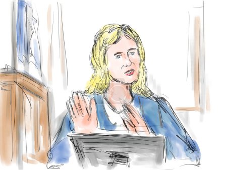 Pastel pencil pen and ink sketch illustration of a courtroom trial setting with judge and a female defendant, plaintiff, witness testifying on the stand in judiciary court of law and justice.