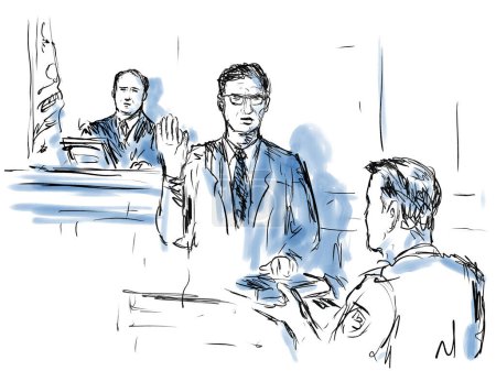 Mit Pastellstift und Tusche skizzierte Illustration eines Gerichtssaals mit Richter und einem männlichen Angeklagten, Kläger, Zeugen im Zeugenstand, der vor Gericht und Justiz den Eid leistet.