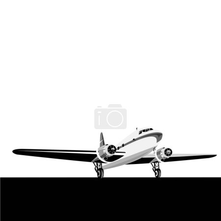 Téléchargez les illustrations : Illustration d'un avion de ligne d'hélice sur piste sur le point de décoller des roues en arrière-plan isolé fait dans un style rétro - en licence libre de droit