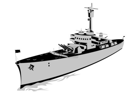 Illustration d'un destroyer torpilleur de la Seconde Guerre mondiale, d'une classe Fletcher ou d'une boîte de conserve en mer vue aérienne en grand angle sur fond isolé, réalisée dans un style rétro.
