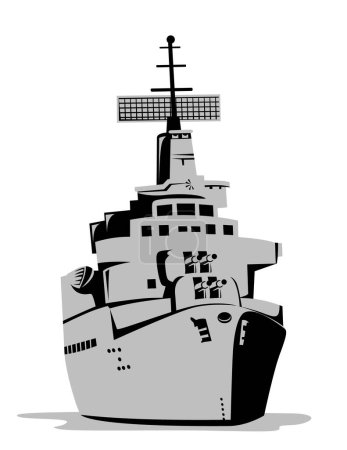 Ilustración de un acorazado de crucero moderno en el mar visto desde el frente sobre un fondo aislado hecho en estilo retro