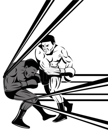Illustration for Illustration of a boxer on the ropes with prizefighter connecting knockout punch on isolated background done in retro woodcut style. - Royalty Free Image