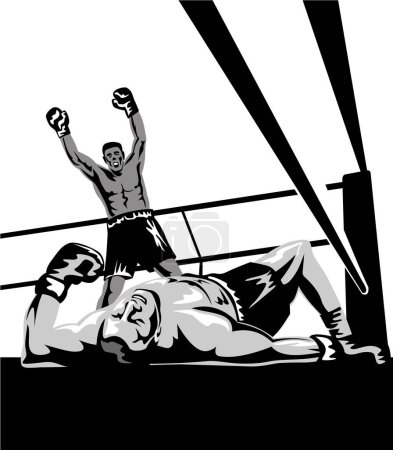 Illustration for Illustration of a boxer celebrating victory knockout with prizefighter on the canvas viewed from low angle on isolated background done in retro woodcut style - Royalty Free Image