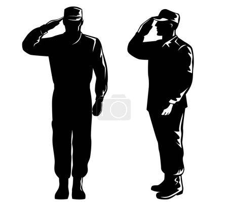 Illustration d'une silhouette du personnel militaire d'un soldat américain saluant vue de face et de côté sur fond isolé faite dans un style rétro.