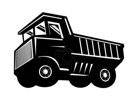 Illustration for Illustration of a haul truck or rigid dump truck used for mining and heavy-duty construction environments viewed from side done in black and white retro woodcut style - Royalty Free Image