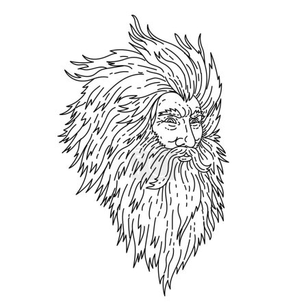 Téléchargez les illustrations : Illustration de ligne mono de la tête du dieu grec en colère Zeus ou du dieu romain Jupiter avec barbe faite dans le style d'art de dessin de ligne monoline - en licence libre de droit