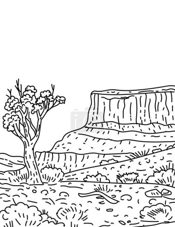 Téléchargez les illustrations : Illustration de ligne mono du parc national du récif du Capitole à l'ouest de Torrey dans le centre du sud de l'Utah fait dans le style d'art de dessin de ligne monoline - en licence libre de droit