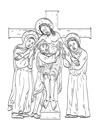 Illustration for Line art drawing illustration of Jesus Christ taken down from the cross with Mary, John the apostle and  Joseph of Arimathea done in medieval style on isolated background in black and white - Royalty Free Image