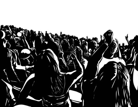 Téléchargez les illustrations : Illustration de style Woodcut rétro d'une foule de personnes dans un événement regardant un concert tenant des téléphones mobiles vus de l'arrière sur fond isolé fait en noir et blanc. - en licence libre de droit