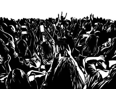 Retro woodcut ilustración de una multitud de personas en un evento viendo un concierto con teléfonos móviles vistos desde atrás en un fondo aislado hecho en blanco y negro.