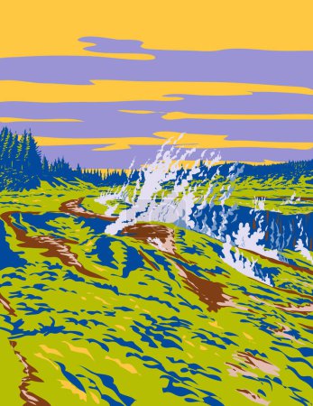 Téléchargez les illustrations : Affiche d'art WPA des cratères de la Lune passerelle géothermique avec des cratères bouillonnants et des évents fumants dans le lac Taupo, Nouvelle-Zélande fait dans le style d'administration de projet d'œuvres ou style de projet d'art fédéral. - en licence libre de droit
