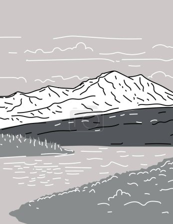 Ilustración de Denali National Park and Preserve or Mount McKinley Alaska Monoline Line Art Grayscale Drawing - Imagen libre de derechos