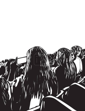 Ilustración de Woodcut style illustration of a large crowd of young people with cellphone or mobile phone at a live concert music event party festival with white on black background done in retro stencil style portrait. - Imagen libre de derechos