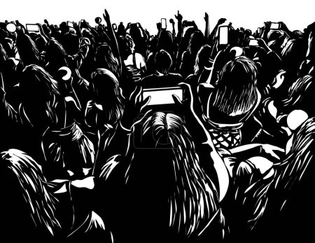 Téléchargez les illustrations : Crowd of Young People with Cellphone at a Live Concert Woodcut Style - en licence libre de droit