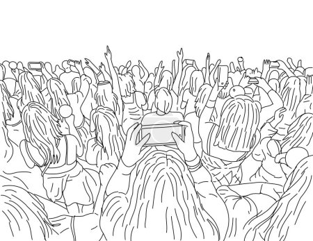 Téléchargez les illustrations : Crowd of Young People with Cellphone at a Live Concert Line Art Drawing - en licence libre de droit