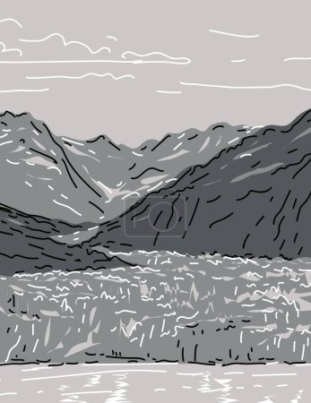 Illustration for Glacier Bay National Park and Preserve in Alaska Monoline Line Art Grayscale Drawing - Royalty Free Image