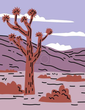 Téléchargez les illustrations : WPA poster art with line art of Joshua Tree National Park in southeastern California, east of San Bernardino and Los Angeles and north of Palm Springs done in works project administration - en licence libre de droit