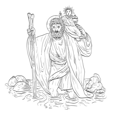 Téléchargez les illustrations : Line art drawing illustration of Saint Christopher, patron saint of travelers carrying child Jesus crossing the river done in medieval style on isolated background in black and white - en licence libre de droit