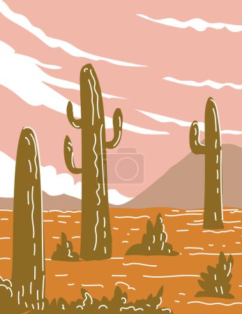 Téléchargez les illustrations : WPA poster art with line art of Saguaro National Park located in southern Arizona done in works project administration or federal art project style. - en licence libre de droit