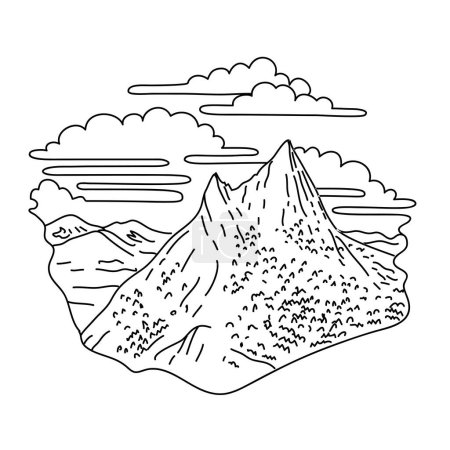 Téléchargez les illustrations : Mono line illustration of Mount Conness in the Sierra Nevada range in the Inyo National Forest and Yosemite National Park, California done in black and white monoline line drawing art style - en licence libre de droit