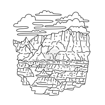 Monolinie Illustration des Door Trail im Badlands National Park, South Dakota, Vereinigte Staaten in schwarz-weißer Monolinie Zeichenstil
