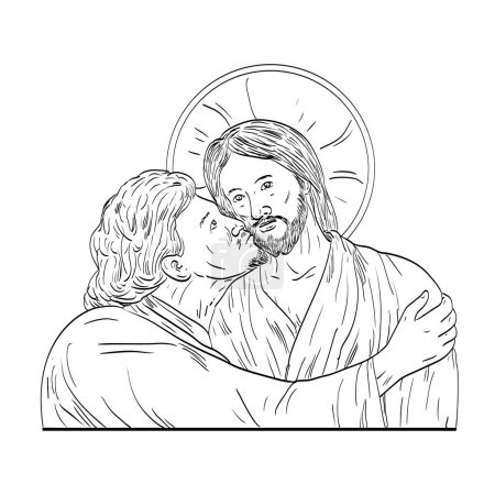 Téléchargez les illustrations : Line art drawing illustration of Judas betrayal of Jesus by kissing him on cheek done in medieval style on isolated background. - en licence libre de droit