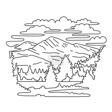 Illustration for Mono line illustration of Mount Dana located within Yosemite National Park and Ansel Adams Wilderness, California, United States done in black and white monoline line drawing art style. - Royalty Free Image