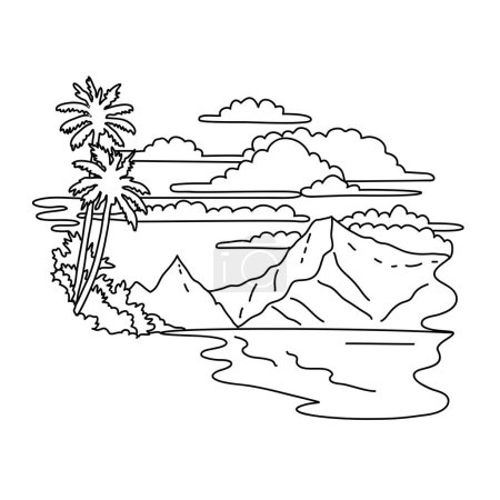 Téléchargez les illustrations : Mono line illustration of Ofu Beach on Ofu Island in the Manu'a Islands within the National Park of American Samoa done in black and white monoline line drawing art style - en licence libre de droit