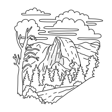 Ilustración de Mono line illustration of Sentinel Dome in Yosemite National Park and south of Yosemite Valley in , California, United States done in black and white monoline line drawing art style - Imagen libre de derechos