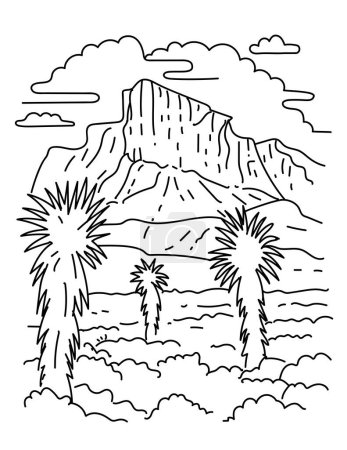 Téléchargez les illustrations : Mono line illustration of Guadalupe Peak in Guadalupe Mountains National Park in southeastern New Mexico and West Texas, United States done in black and white monoline line drawing art style - en licence libre de droit