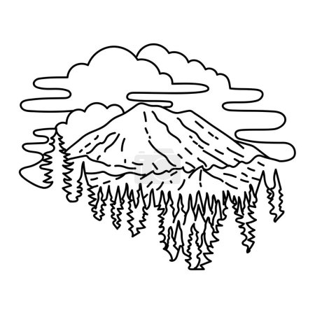 Mono line illustration of Mount Rainier National Park in southeast of Seattle, Washington state , United States done in black and white monoline line drawing art style
