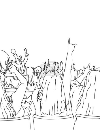 Ilustración de Line art drawing illustration of a large crowd of young people at a live concert music event party festival on isolated white background done monoline style. - Imagen libre de derechos