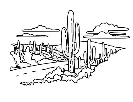 Ilustración de Mono line illustration of Cactus Forest scenic drive in Saguaro National Park, Arizona, United States done in black and white monoline line drawing art style. - Imagen libre de derechos