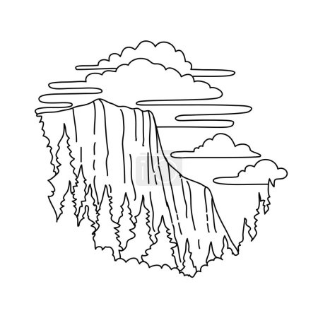 Ilustración de Mono line illustration of El Capitan on the north side of Yosemite Valley in Yosemite National Park,  California, United States done in black and white monoline line drawing art style - Imagen libre de derechos