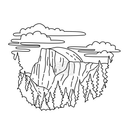 Ilustración de Mono line illustration of Half Dome on the eastern end of Yosemite Valley in Yosemite National Park,  California, United States done in black and white monoline line drawing art style - Imagen libre de derechos