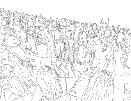Ilustración de Line art drawing illustration of a large crowd of young people with cellphone or mobile phone at a live concert music event party festival on isolated white background done monoline style. - Imagen libre de derechos