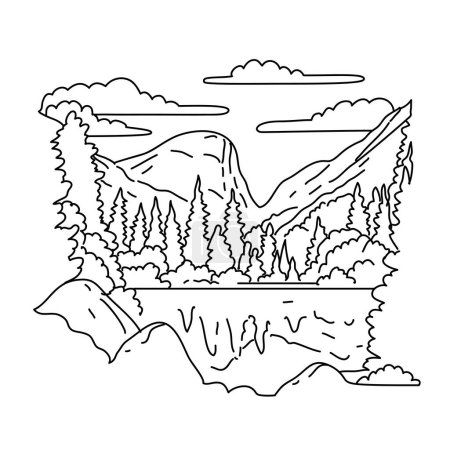 Ilustración de Mono line illustration of Mirror Lake Trail in the eastern part of Yosemite Valley in Yosemite National Park, California done in black and white monoline line drawing art style - Imagen libre de derechos