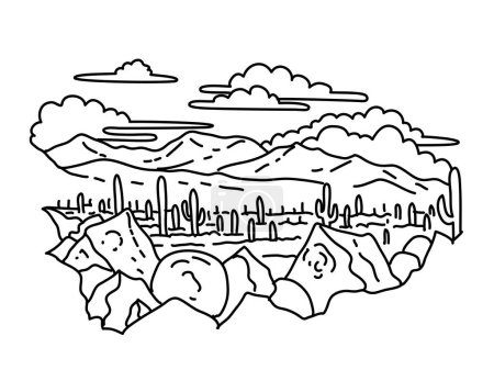 Téléchargez les illustrations : Mono line illustration of Signal Hill with petroglyph site in Tucson Mountain district of Saguaro National Park, Arizona, United States done in black and white monoline line drawing art style - en licence libre de droit