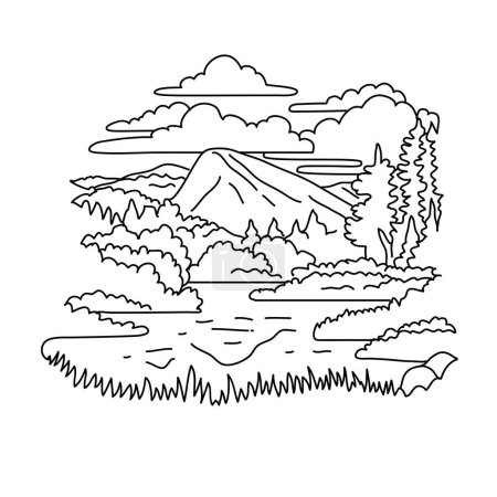 Ilustración de Mono line illustration of Tuolumne Meadows along the Tuolumne River in the eastern section of Yosemite National Park, California done in black and white monoline line drawing art style - Imagen libre de derechos