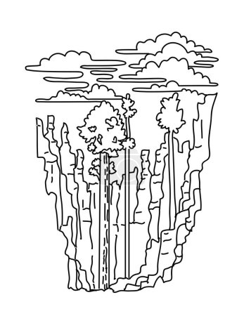 Ilustración de Mono line illustration of Douglas fir and hoodoos in Bryce Canyon National Park in southern Utah, United States done in black and white monoline line drawing art style - Imagen libre de derechos