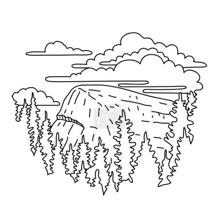 Téléchargez les illustrations : Mono line illustration of Lembert Dome above Tuolumne Meadows and the Tuolumne River in Yosemite National Park California done in black and white monoline line drawing art style - en licence libre de droit