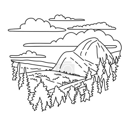 Ilustración de Mono line illustration of Olmsted Point with a view of the northern side of Half Dome and Clouds Rest in Yosemite National Park, California done in black and white monoline line drawing art style - Imagen libre de derechos